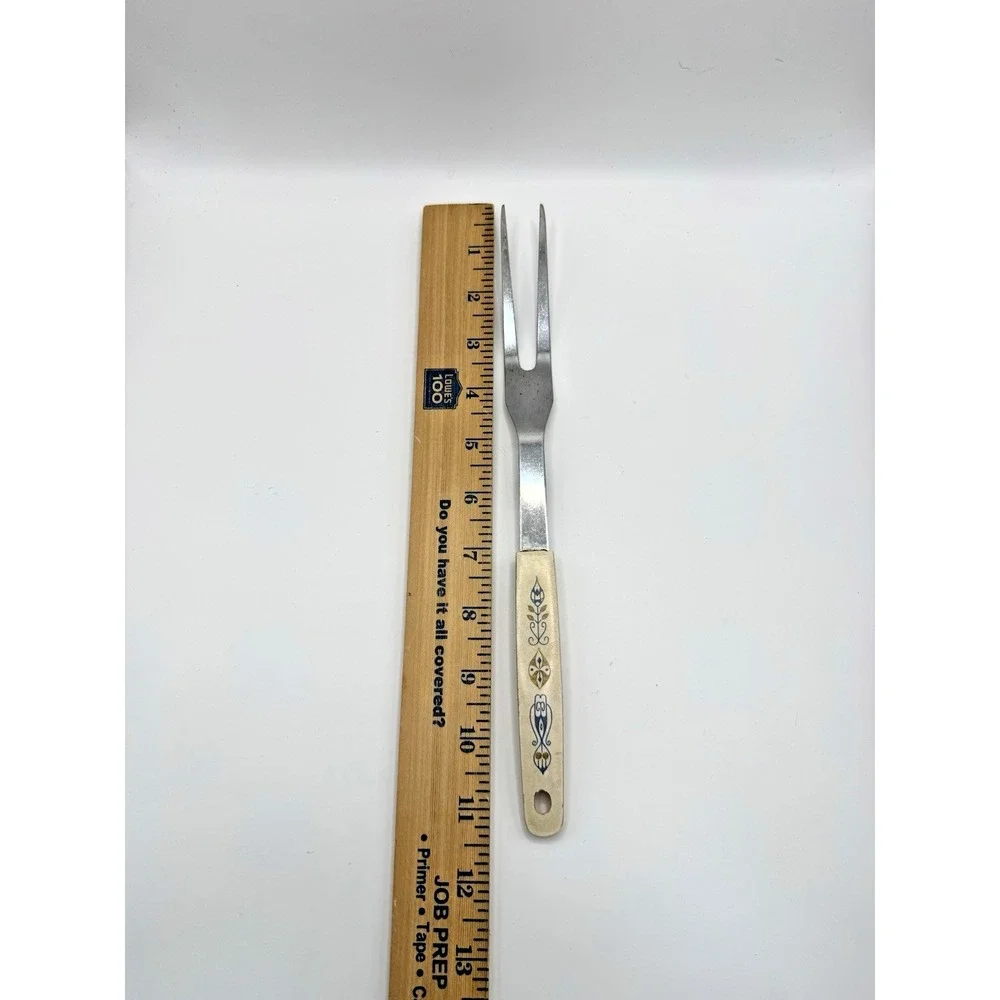 Vintage Japan Stainless Steel Plastic Handle Blue Gold Floral Design Meat Fork